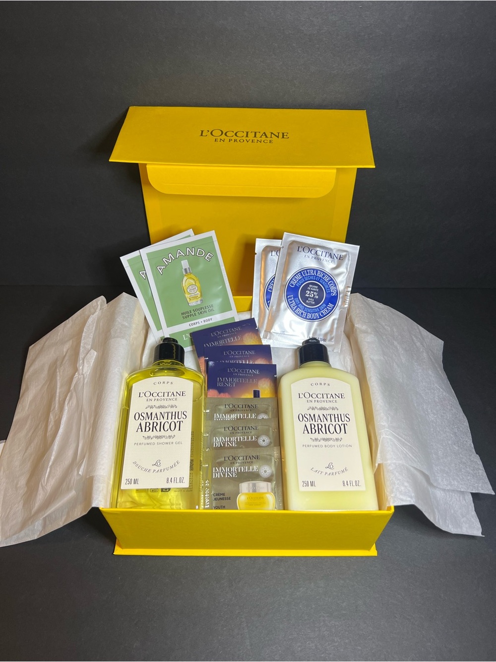 L'Occitane Osmanthus Abricot Shower Gel & Lotion, Amande Skin Oil.. Gift Box Set